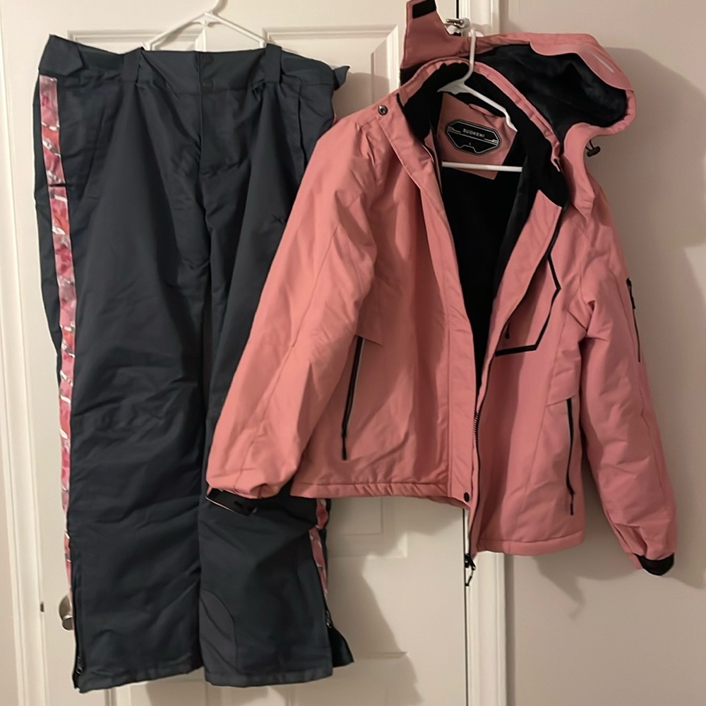 Waterproof ski/snow jacket- pink, pants are gray with pink highlights!